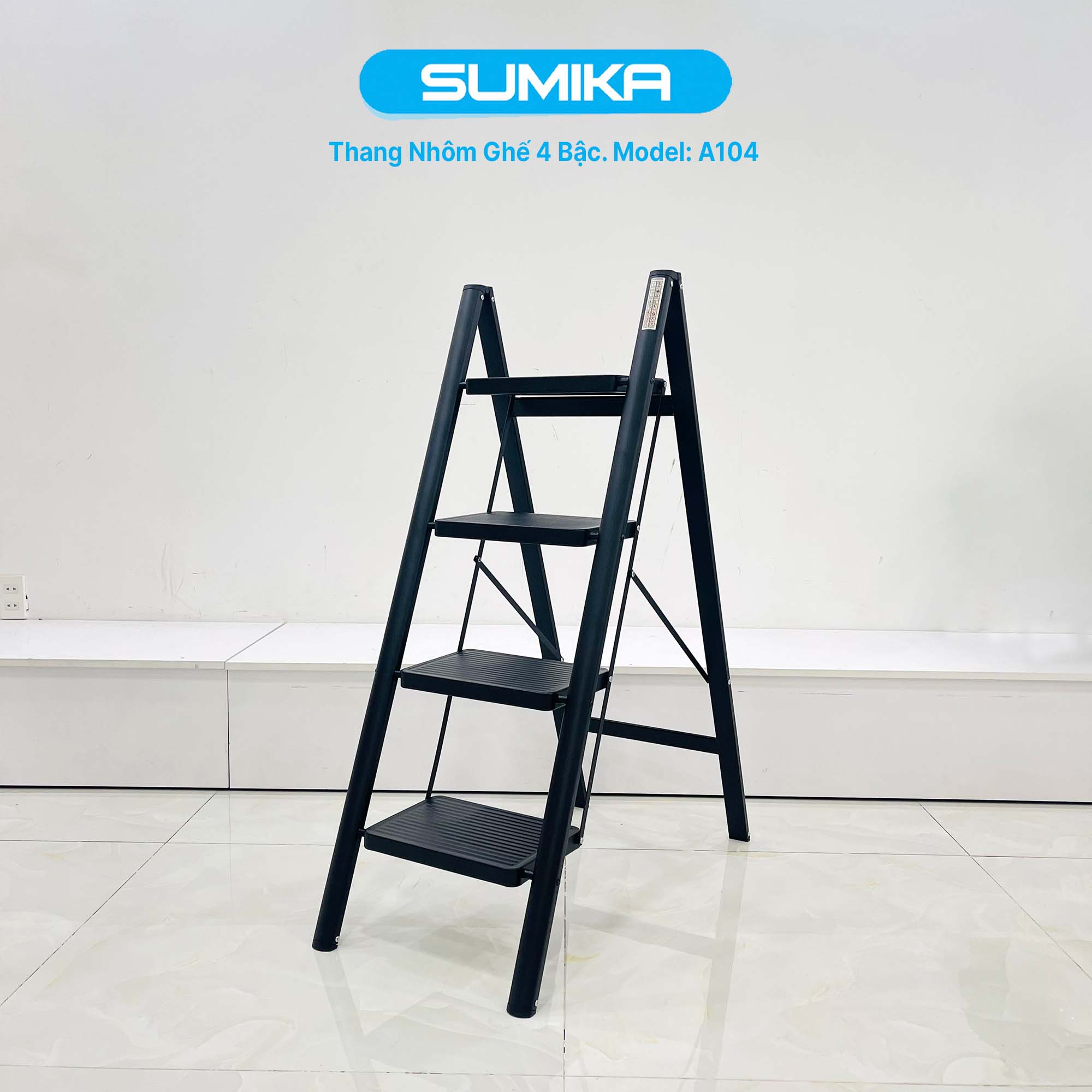Thang nhôm ghế 4 bậc SUMIKA A104 (Black), chiều cao 94cm