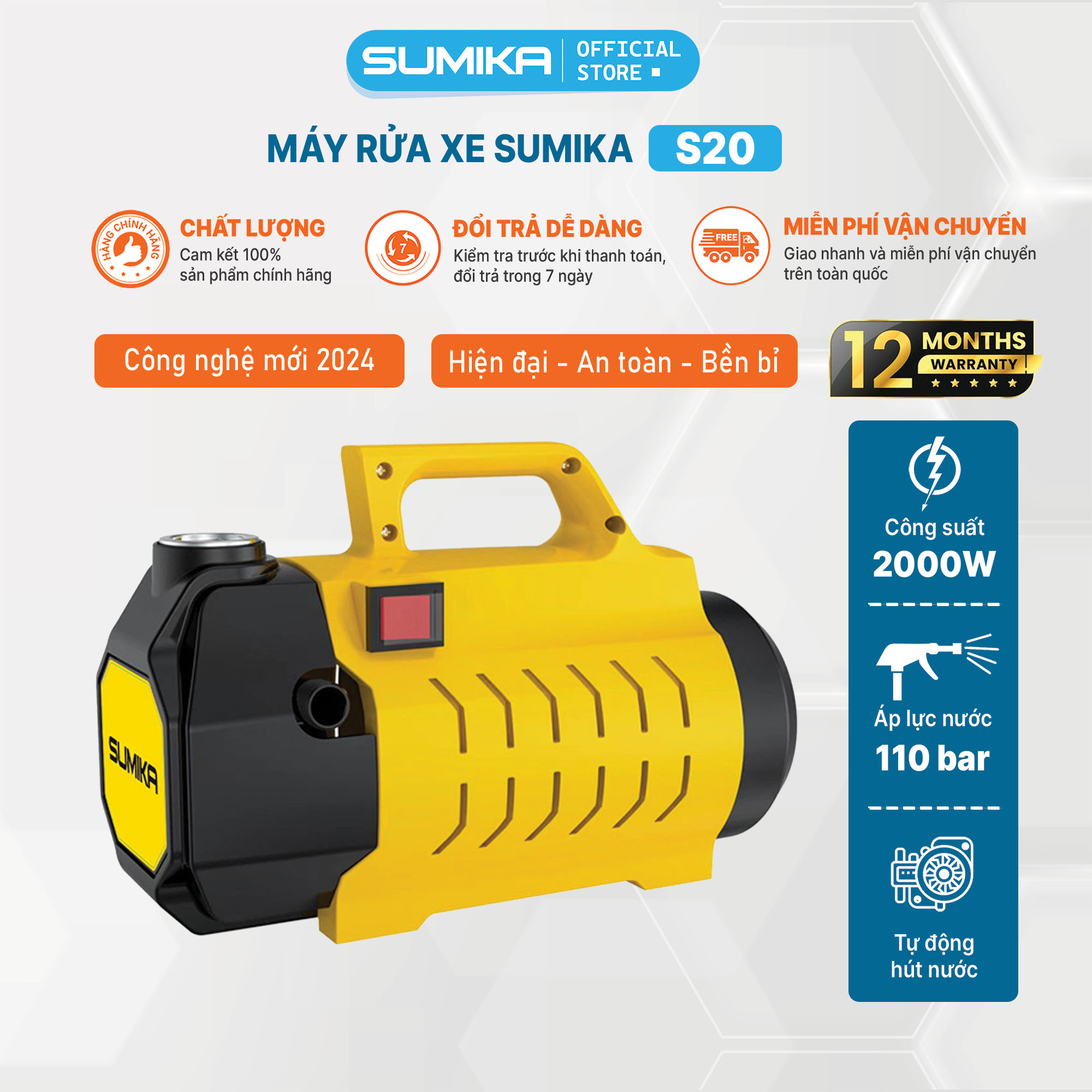 Máy rửa xe gia đình SUMIKA S20, công suất 2000W