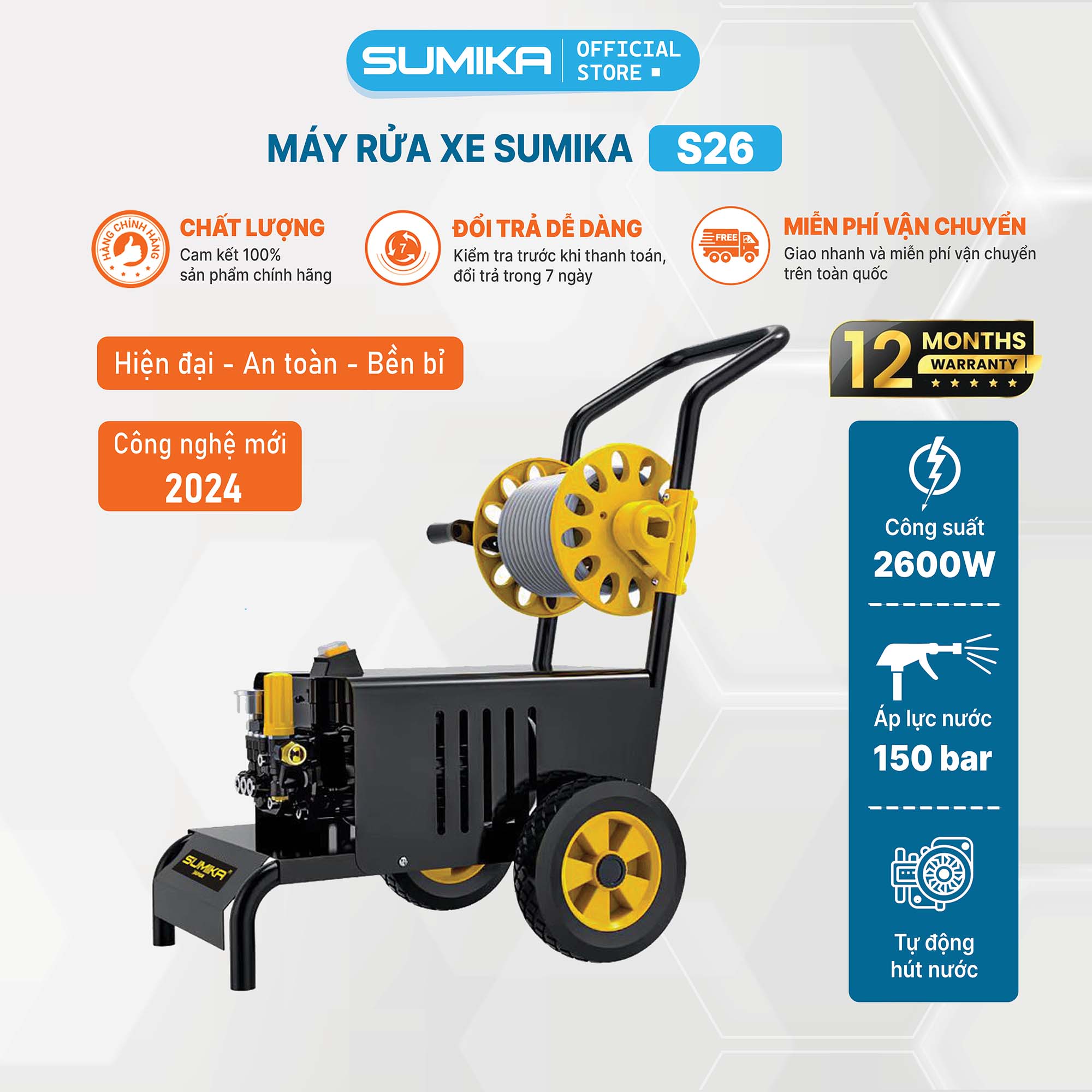 Máy phun rửa cao áp SUMIKA S26, công suất 2600W