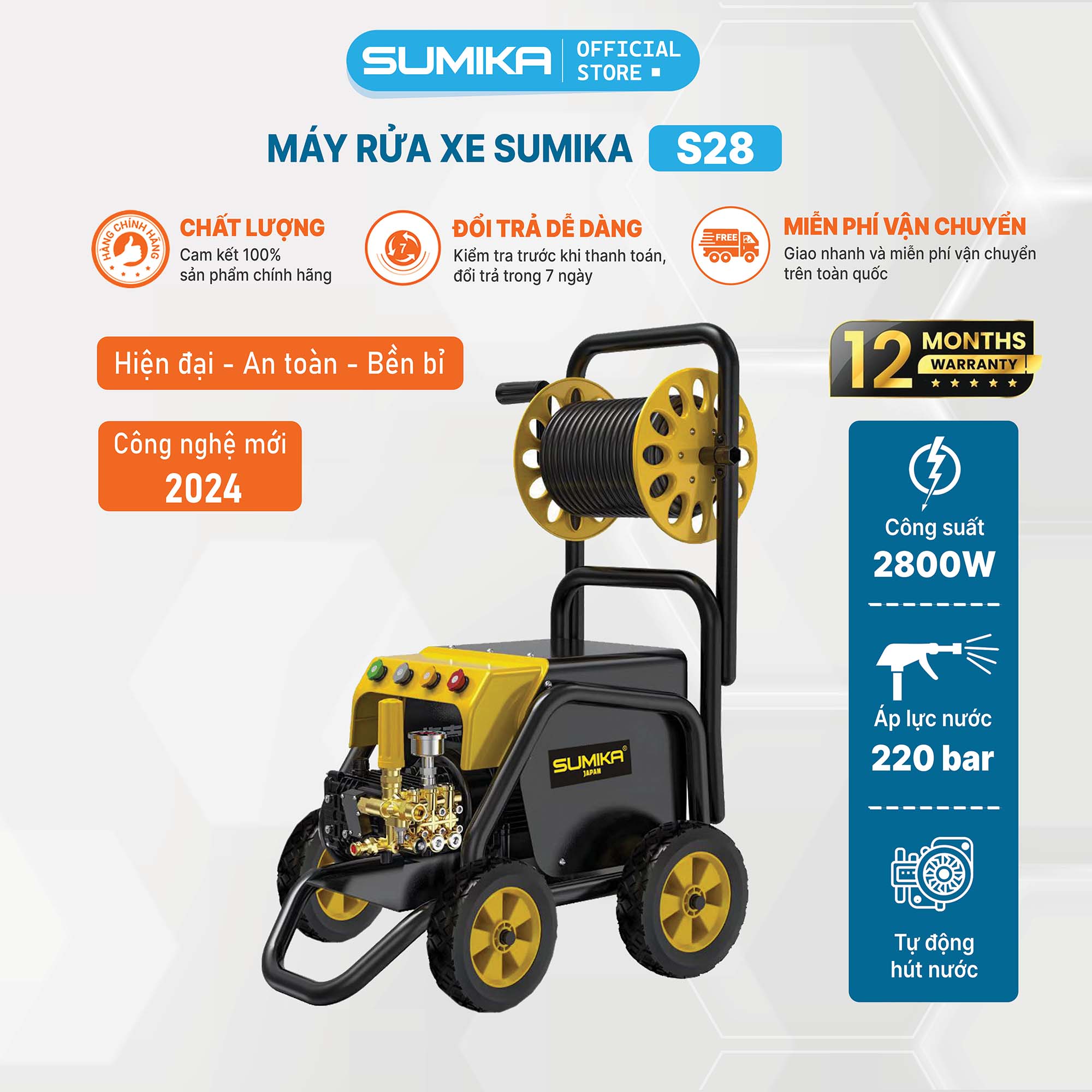 Máy xịt rửa cao áp SUMIKA S28, công suất 2800W