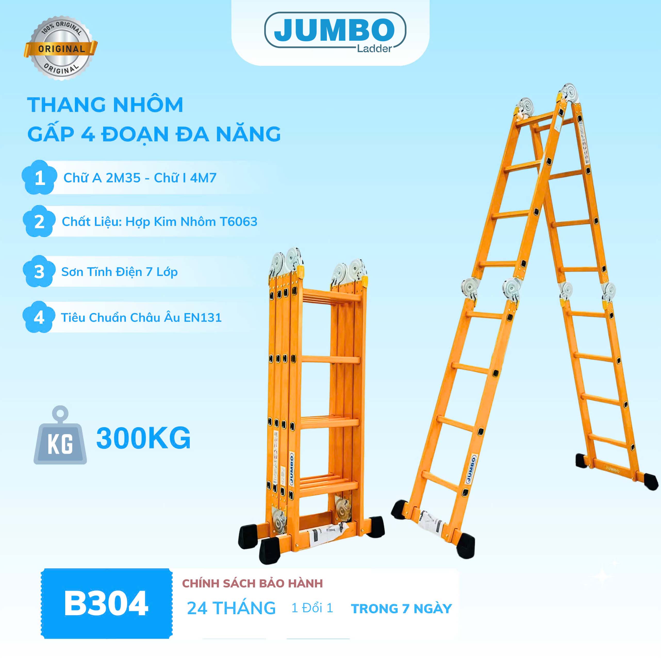 Thang nhôm gấp 4 đoạn JUMBO B304, chữ A cao 2.35m