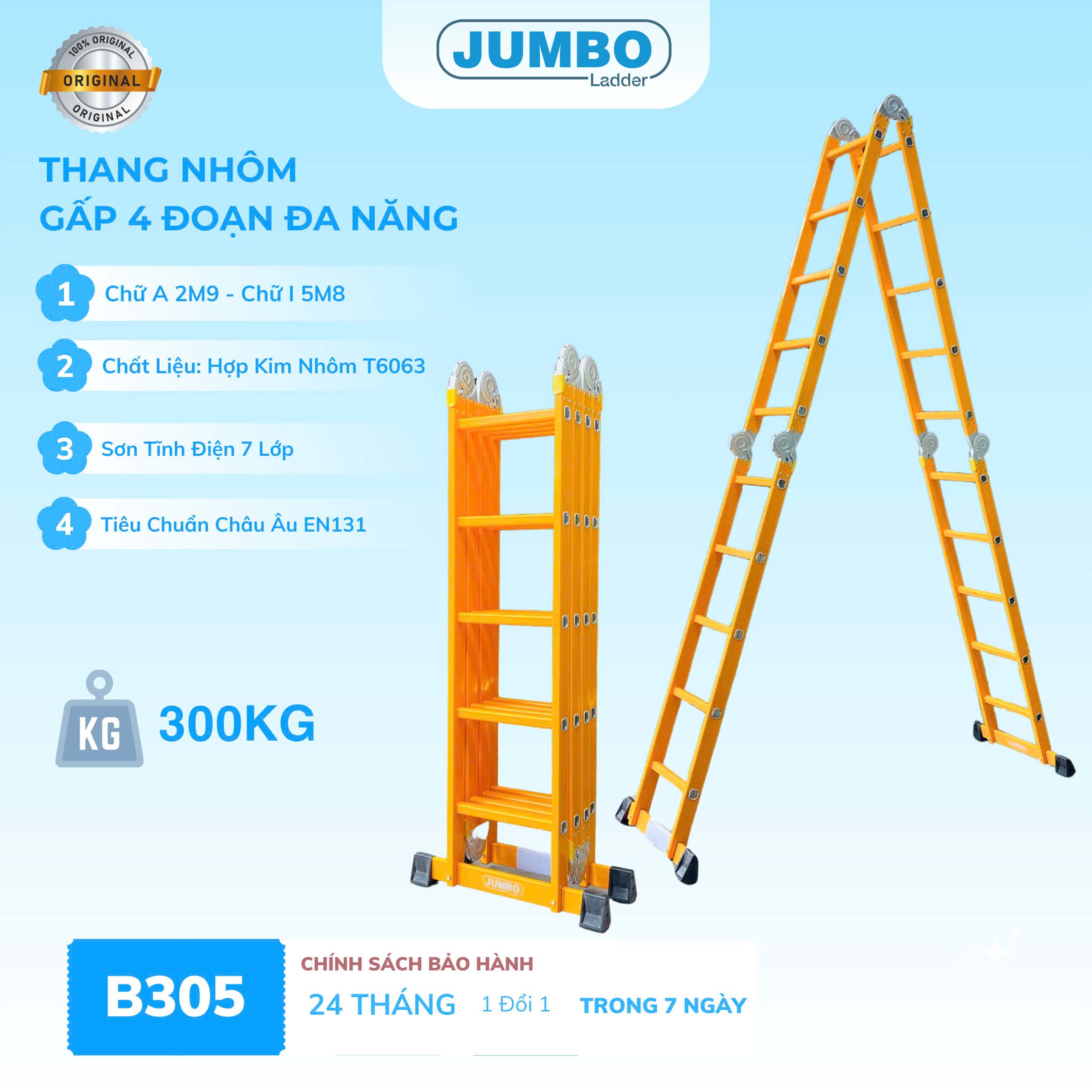Thang nhôm gấp 4 đoạn JUMBO B305, chữ A cao 2.9m