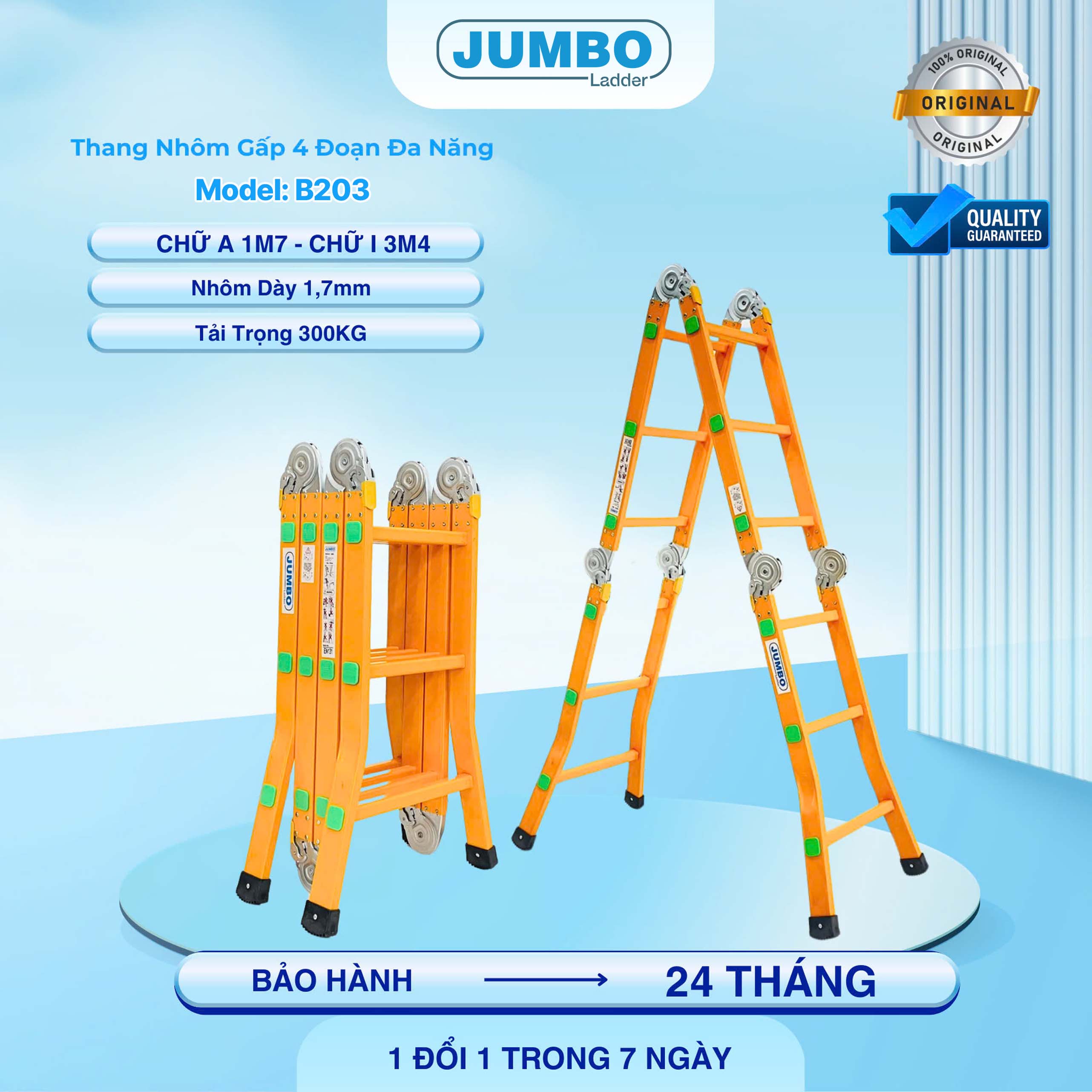 Thang nhôm gấp 4 đoạn JUMBO B203, chữ A cao 1.7m