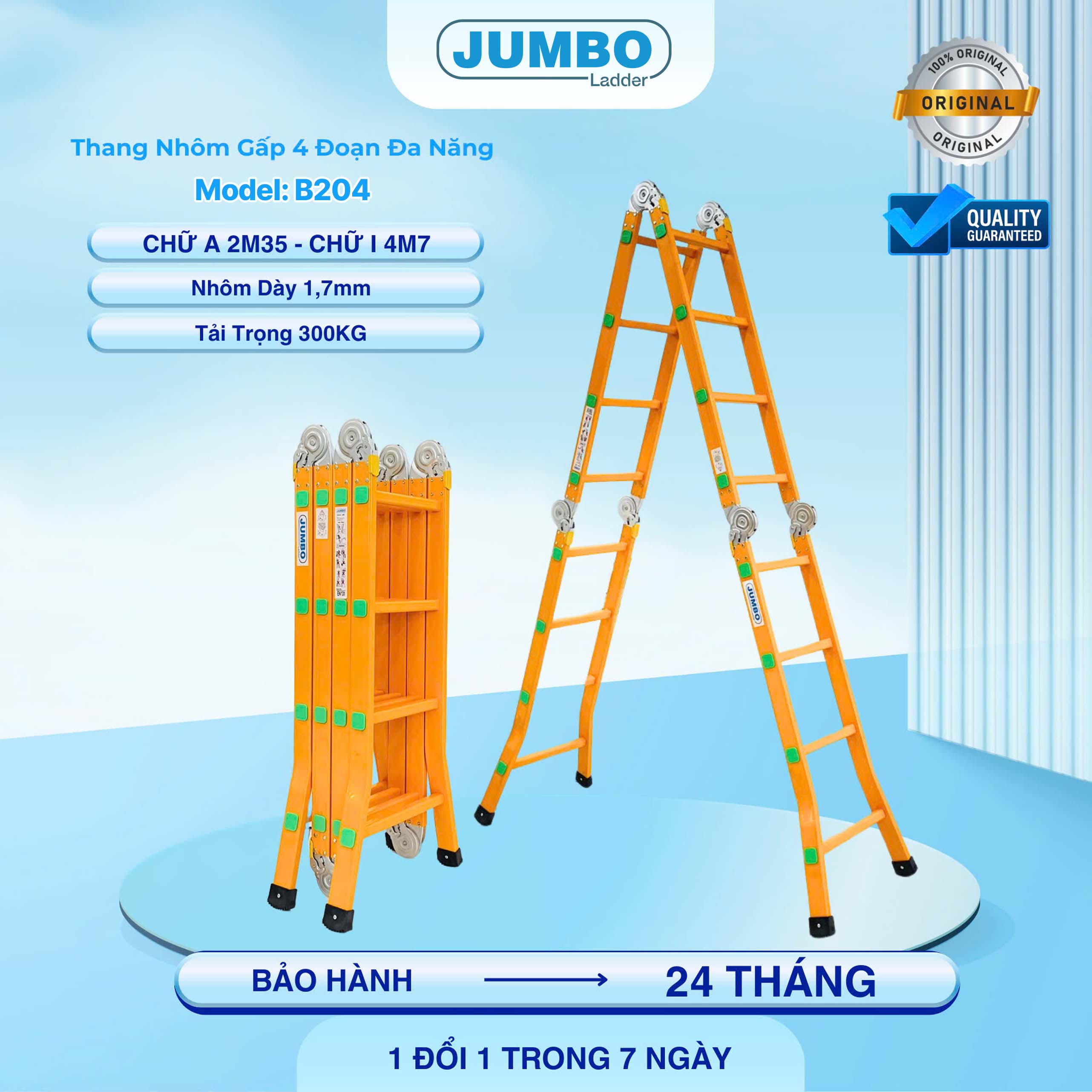 Thang nhôm gấp 4 đoạn JUMBO B204, chữ A cao 2.35m