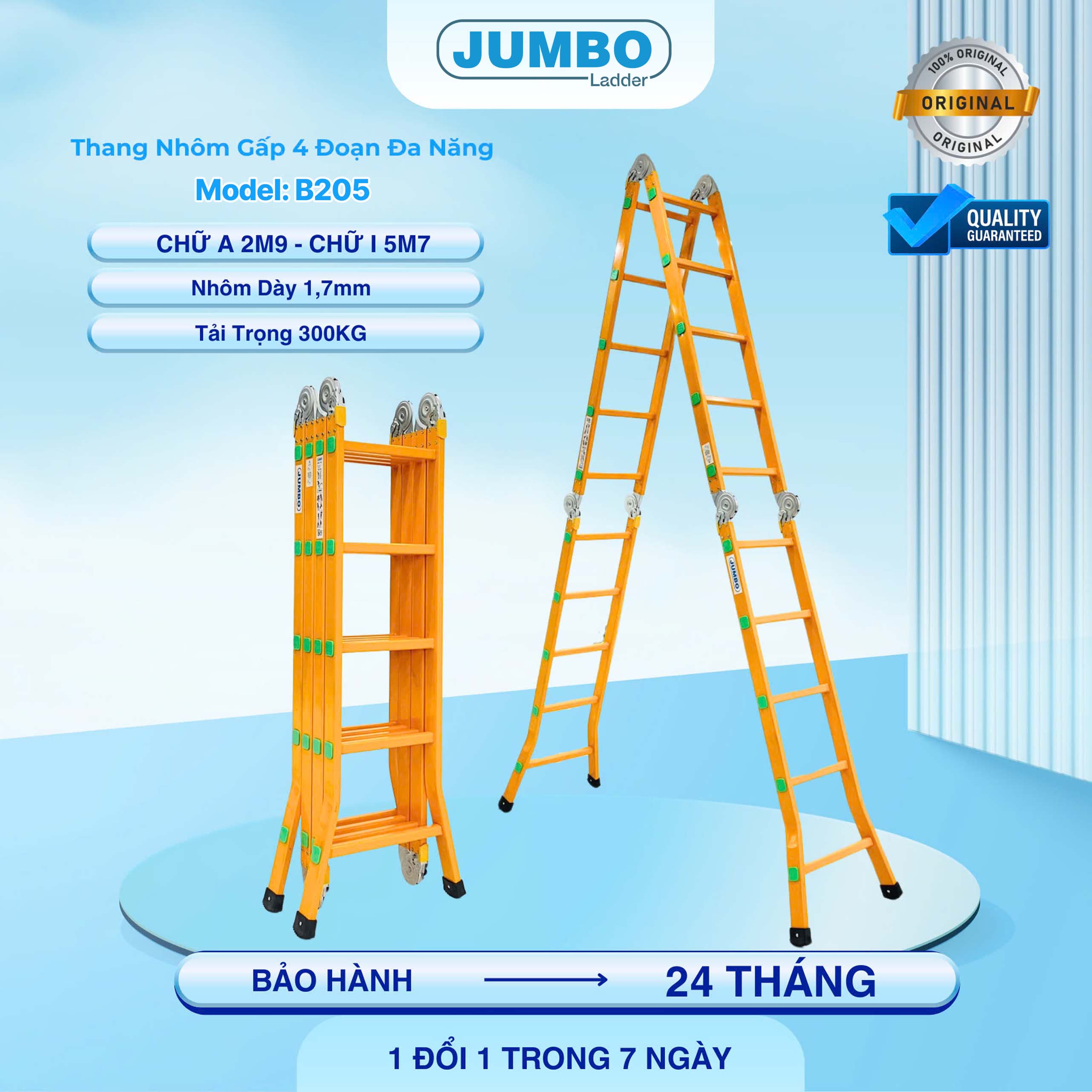 Thang nhôm gấp 4 đoạn JUMBO B205, chữ A cao 2.9m