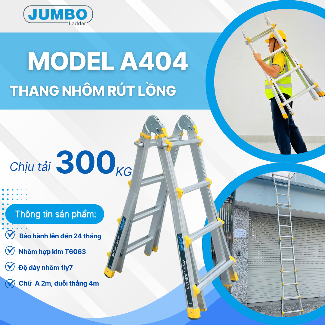 Thang nhôm rút lồng JUMBO A404, chữ A cao nhất 1.9m