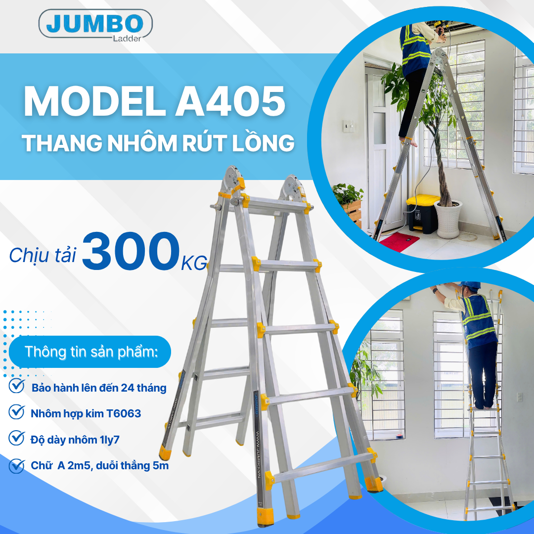 Thang nhôm rút lồng JUMBO A405, chữ A cao nhất 2.5m