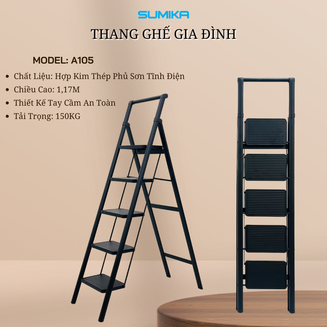 Thang ghế 5 bậc SUMIKA A105 (Black), chiều cao 117cm