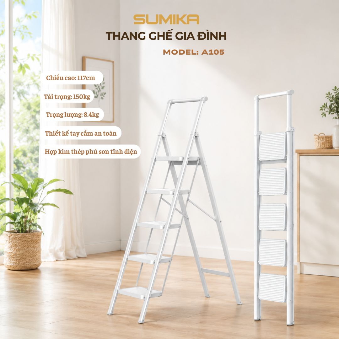 Thang ghế 5 bậc SUMIKA A105 (White), chiều cao 117cm