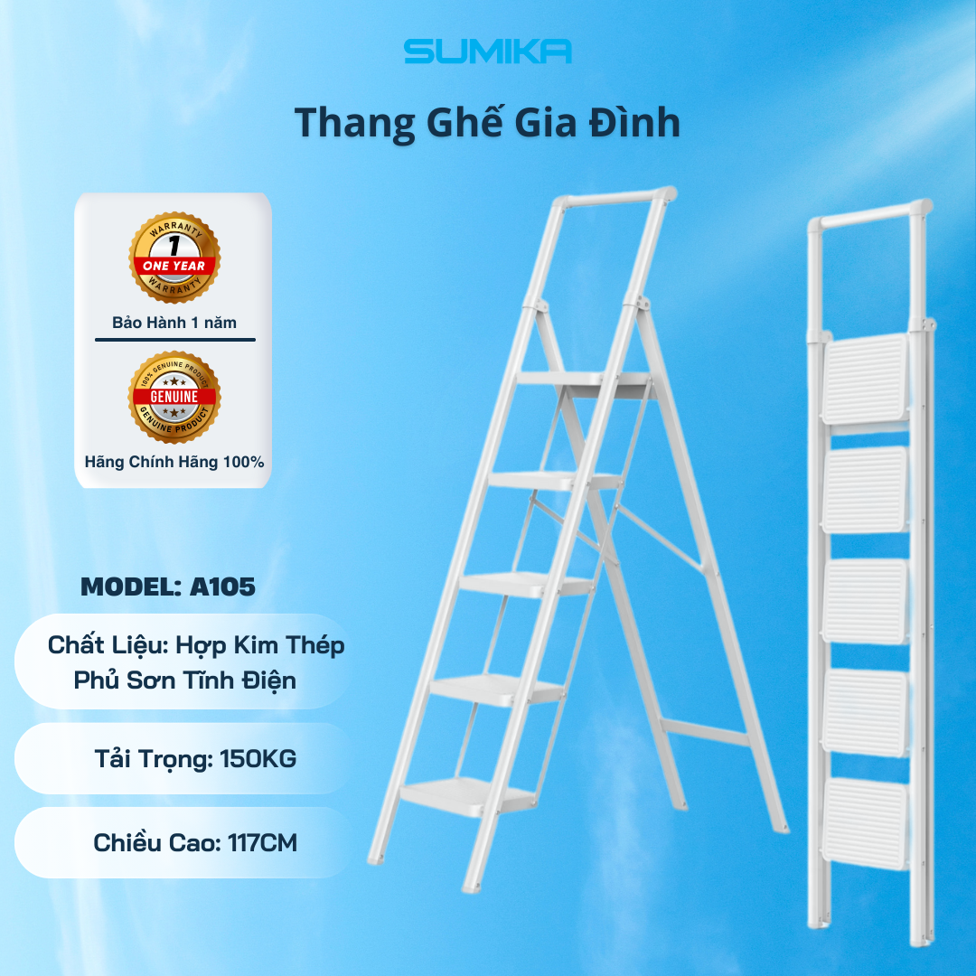 Thang ghế 5 bậc SUMIKA A105 (White), chiều cao 117cm