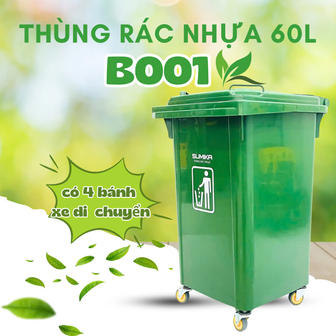 Thùng rác nhựa gia đình SUMIKA B001, dung tích 60L (Green)