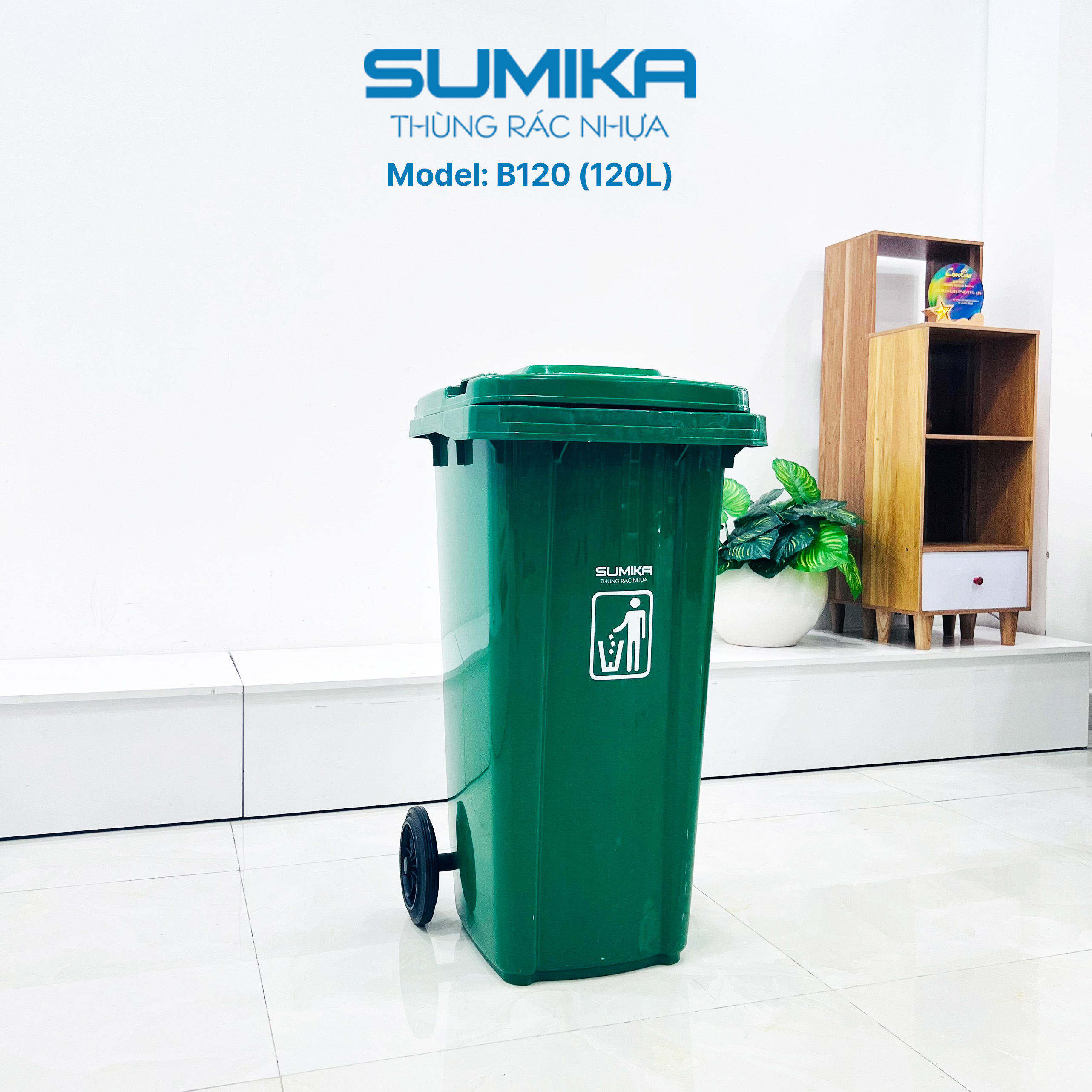 Thùng rác nhựa công nghiệp SUMIKA B120, dung tích 120L (Green)