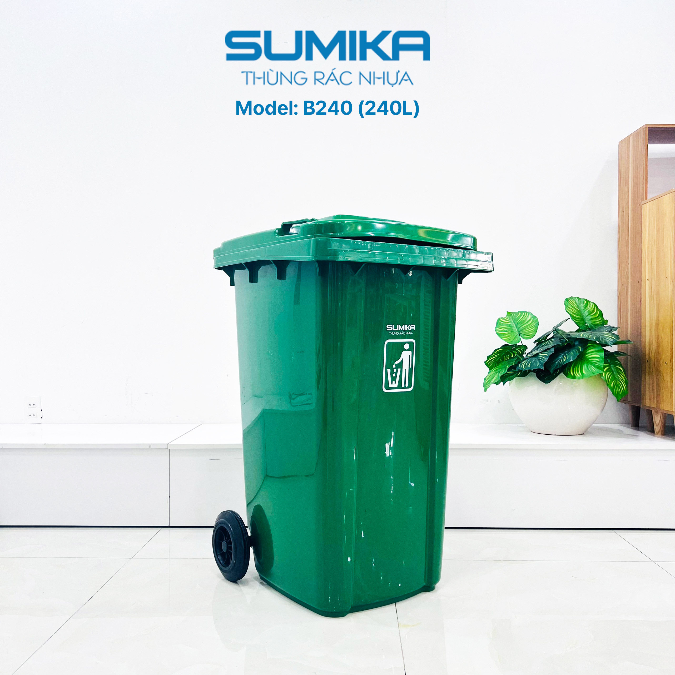 Thùng rác nhựa công nghiệp SUMIKA B240, dung tích 240L (Green)