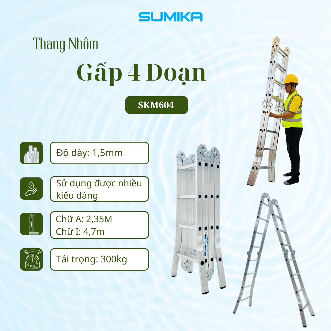 Thang nhôm gấp 4 đoạn SUMIKA SKM604, chữ A cao 2.35m, chữ I cao 4.7m