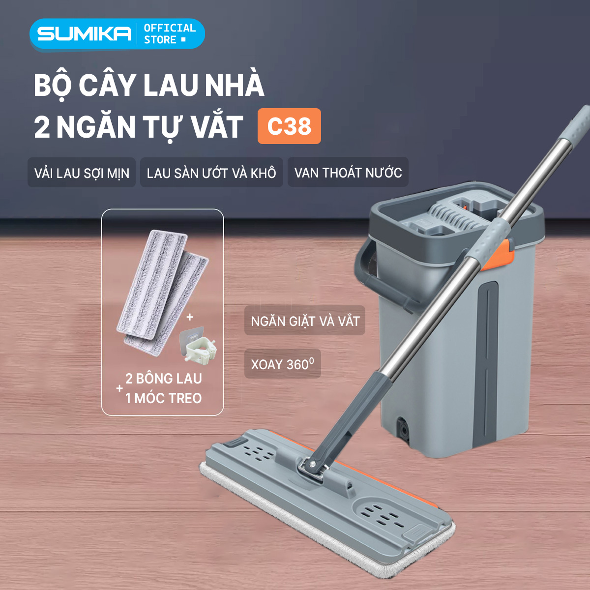 Bộ cây lau nhà SUMIKA C38, thùng lau nhà 2 ngăn tự vắt