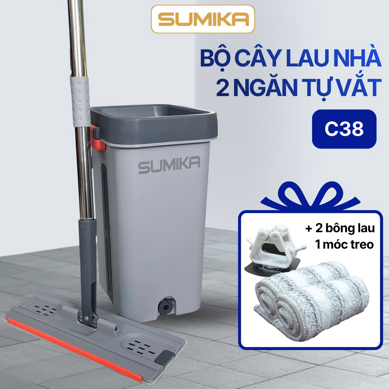 Bộ cây lau nhà SUMIKA C38, thùng lau nhà 2 ngăn tự vắt