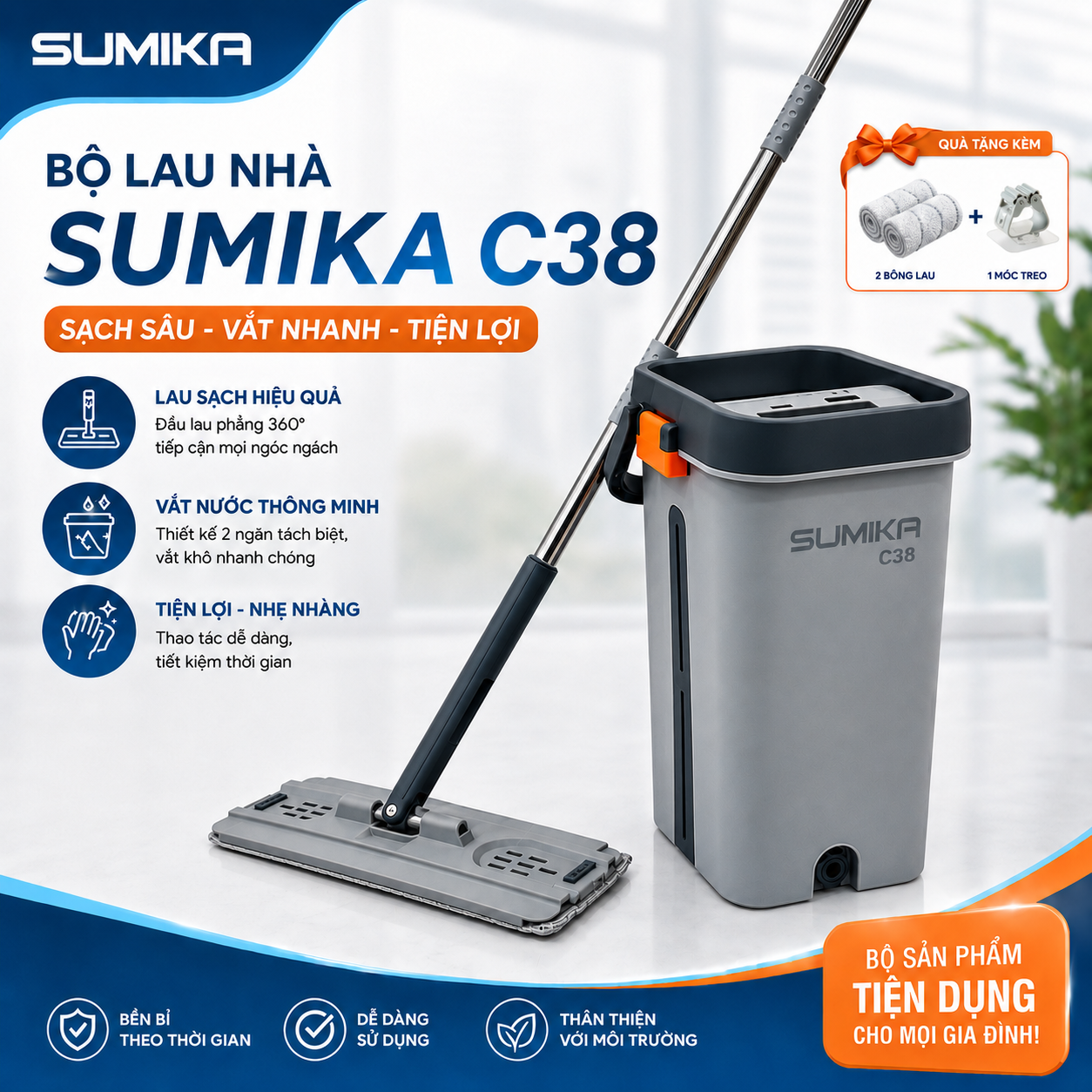 Bộ cây lau nhà SUMIKA C38, thùng lau nhà 2 ngăn tự vắt