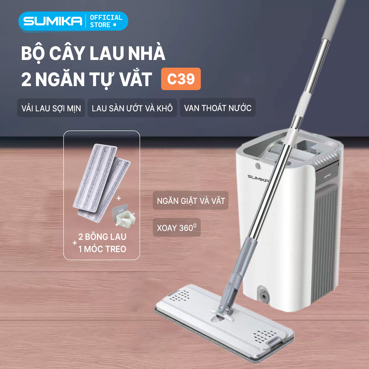 Bộ cây lau nhà SUMIKA C39, thùng lau nhà 2 ngăn tự vắt