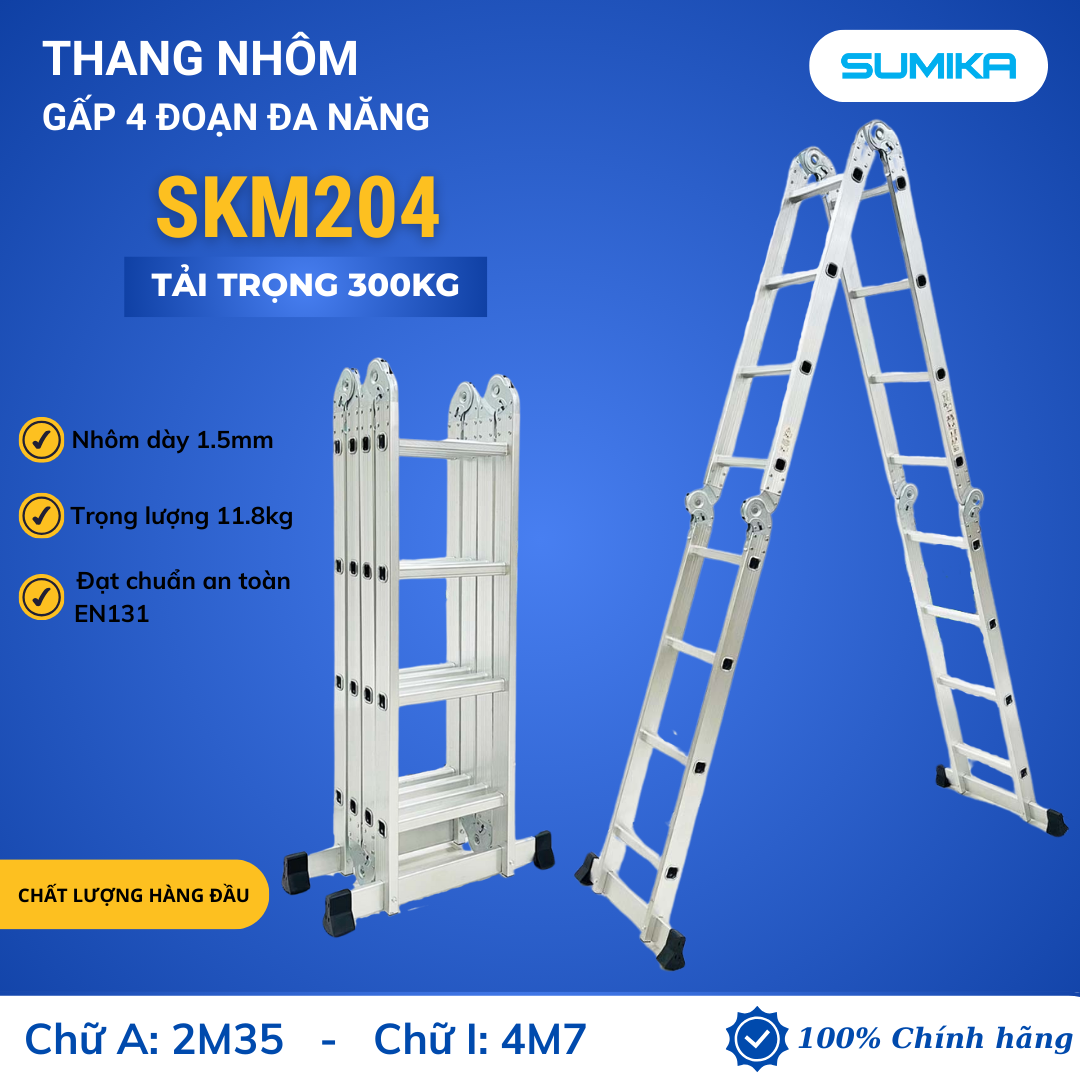 Thang nhôm gấp 4 đoạn Sumika SKM204, chữ A cao 2.35m, chữ I cao 4.7m