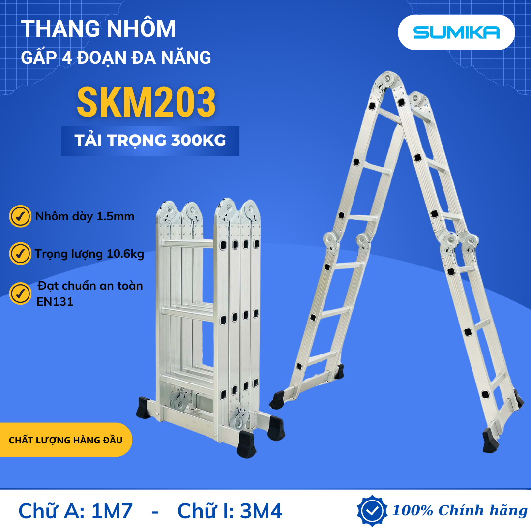 Thang nhôm gấp 4 đoạn Sumika SKM203, chữ A cao 1.7m, chữ I cao 3.58m