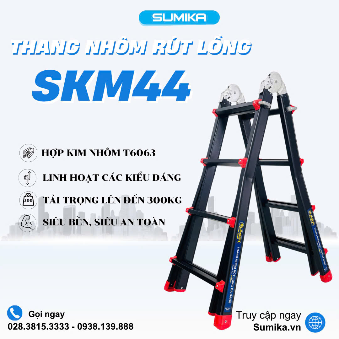 Thang nhôm rút lồng SUMIKA SKM44, chữ A cao nhất 2.0m, sơn tĩnh điện