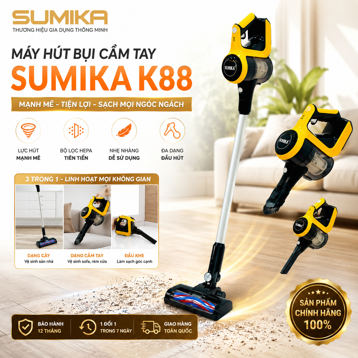 Máy hút bụi không dây Sumika K88, 150W, 2 tốc độ hút