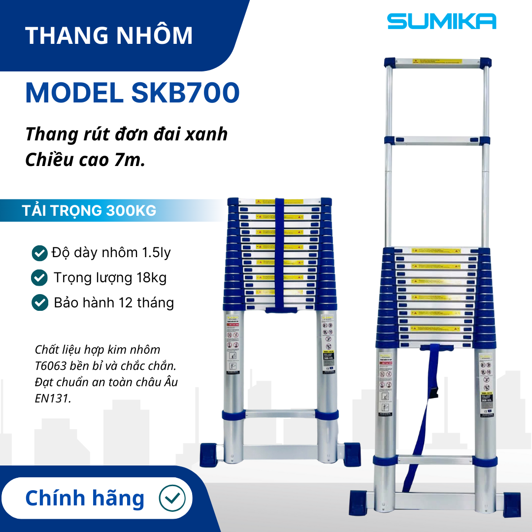 Thang nhôm rút đơn SUMIKA SKB700, chiều cao 7m, đai xanh