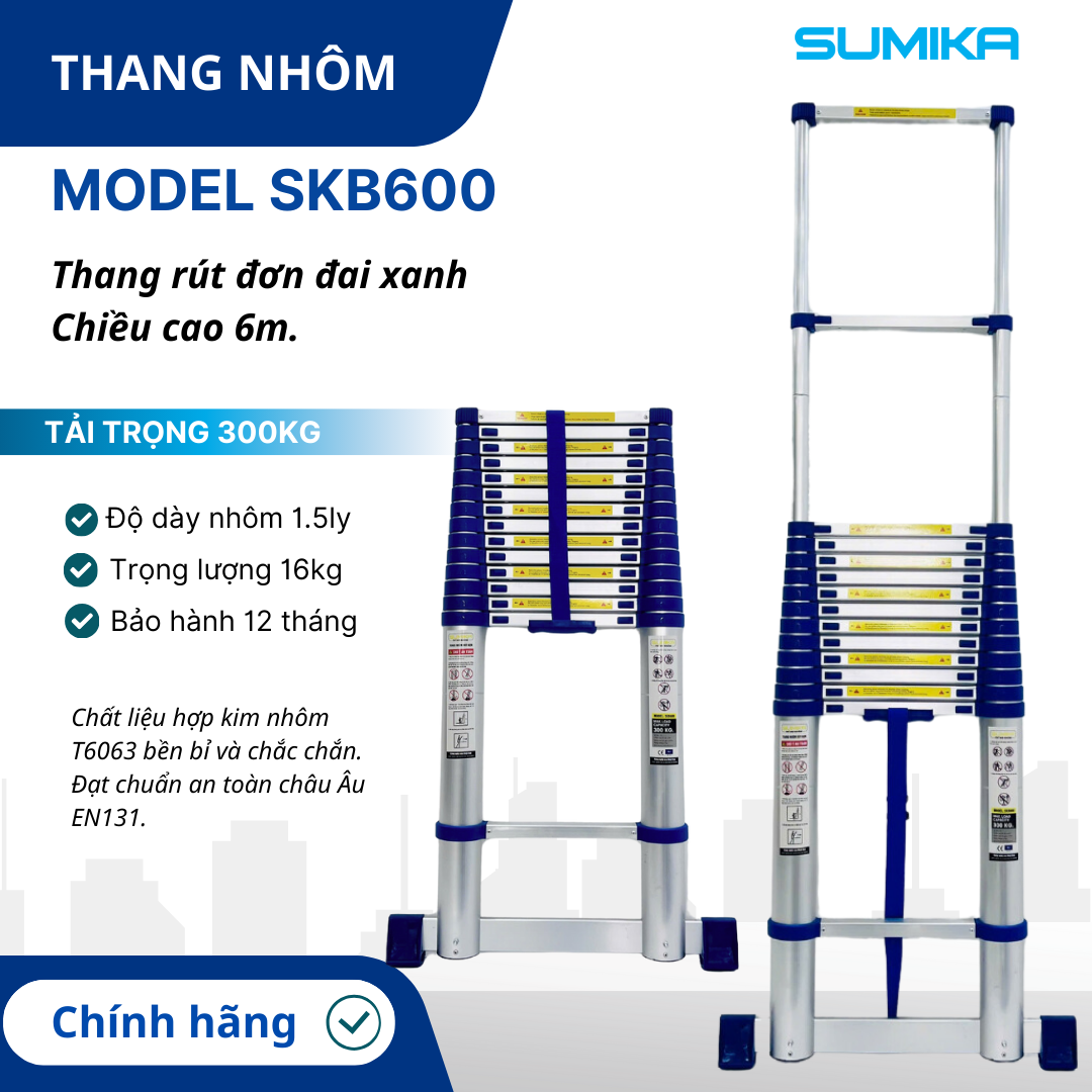 Thang nhôm rút đơn SUMIKA SKB600, chiều cao 6m, đai xanh