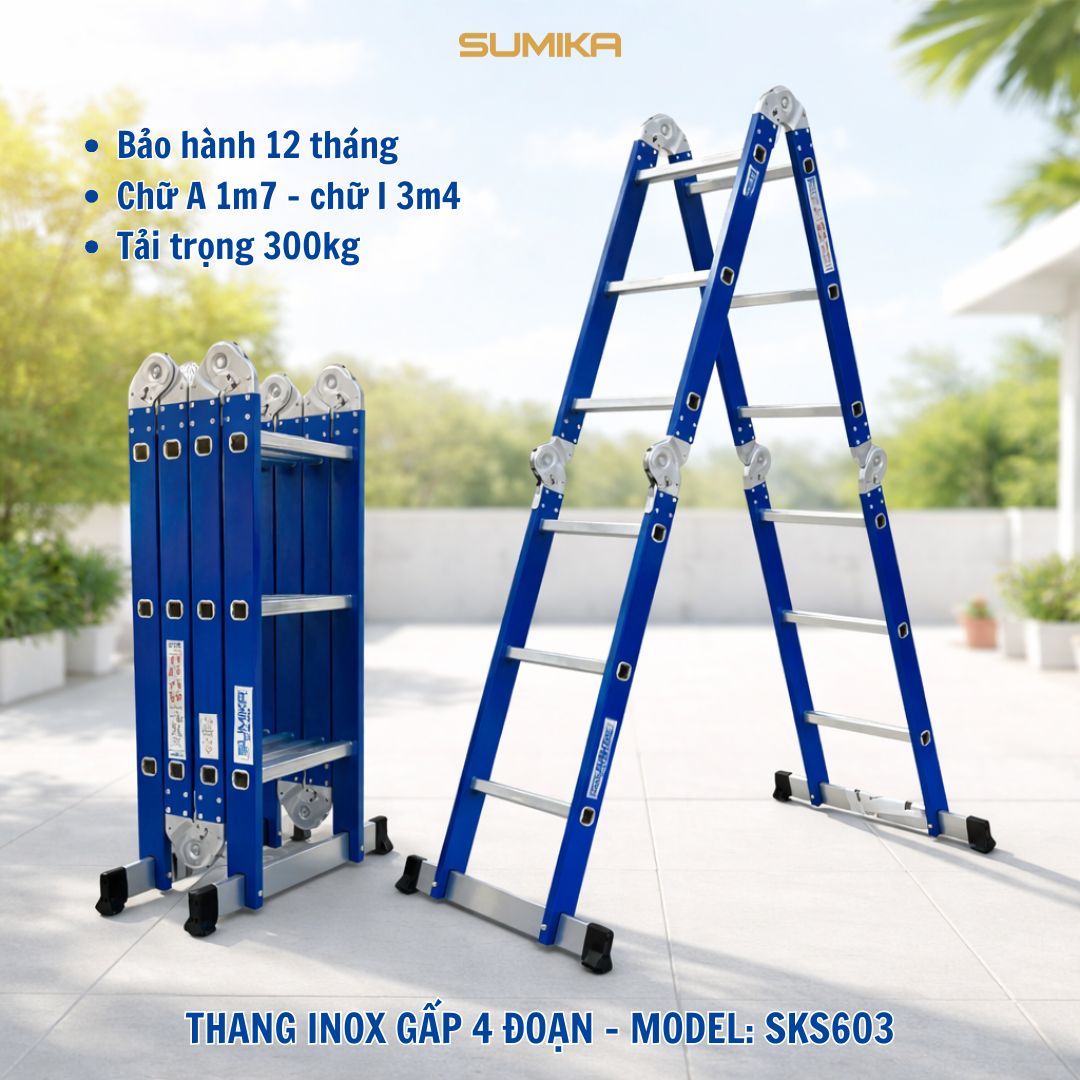 Thang inox gấp 4 đoạn Sumika SKS603, chữ A cao 1.7m, chữ I cao 3.4m