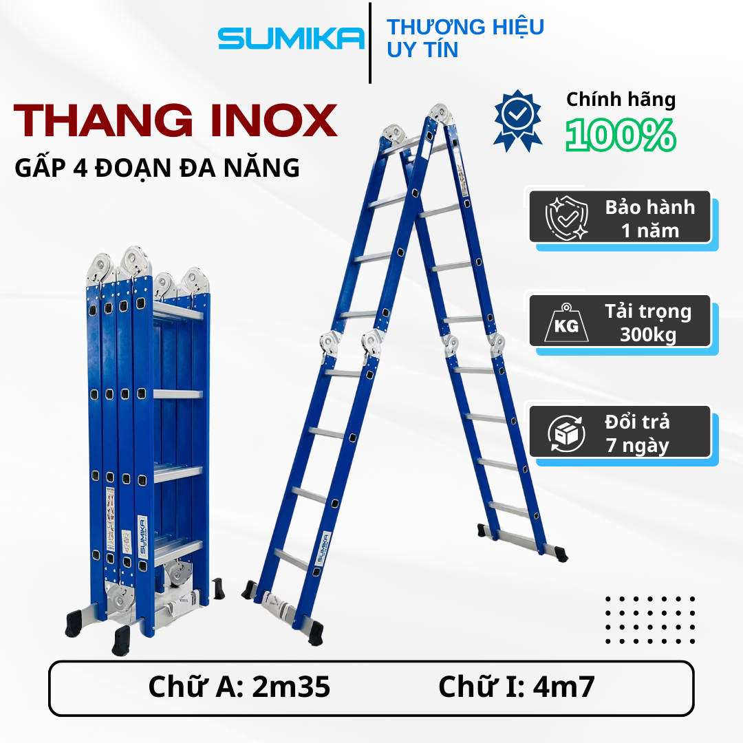 Thang inox gấp 4 đoạn Sumika SKS604, chữ A cao 2.35m, chữ I cao 4.7m