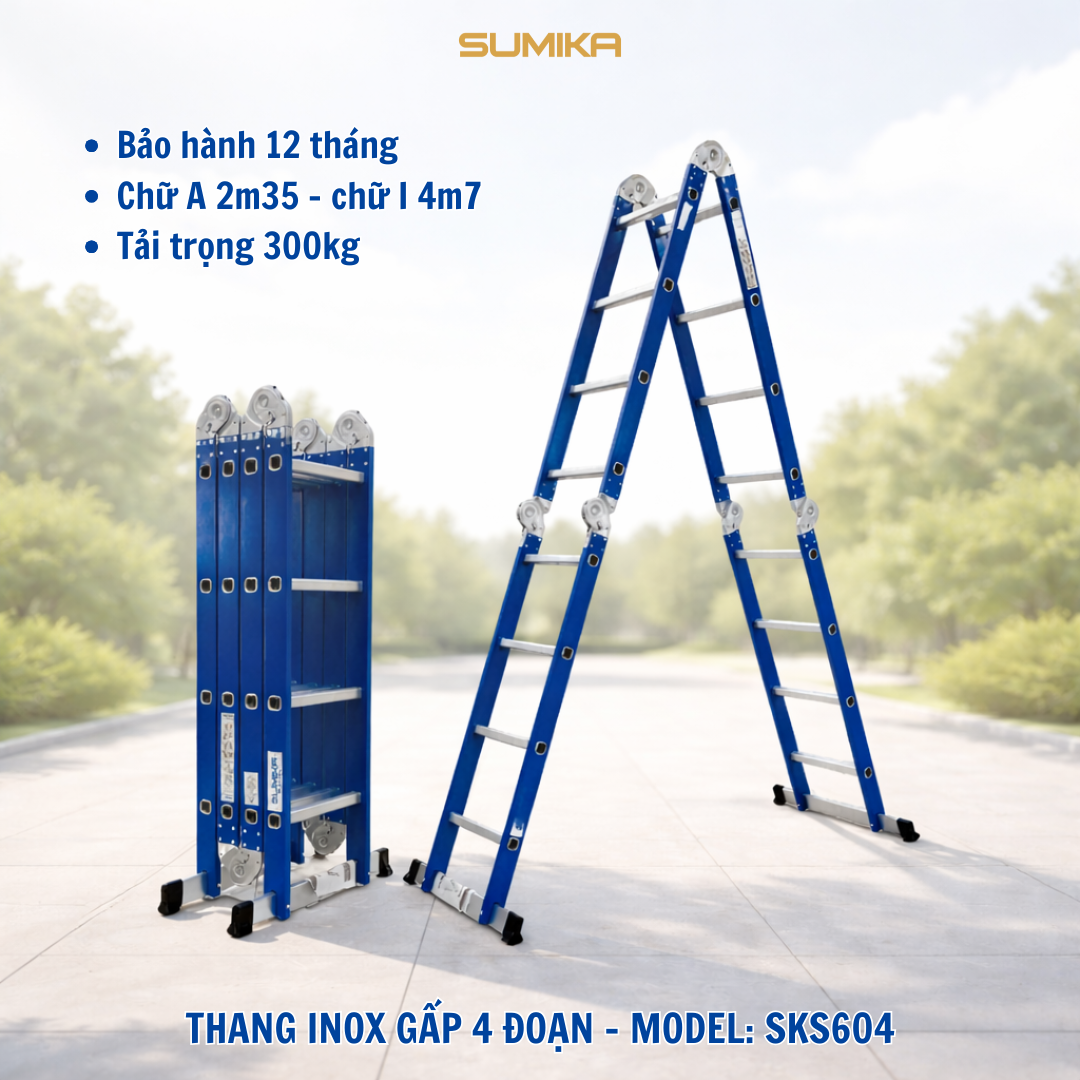 Thang inox gấp 4 đoạn Sumika SKS604, chữ A cao 2.35m, chữ I cao 4.7m