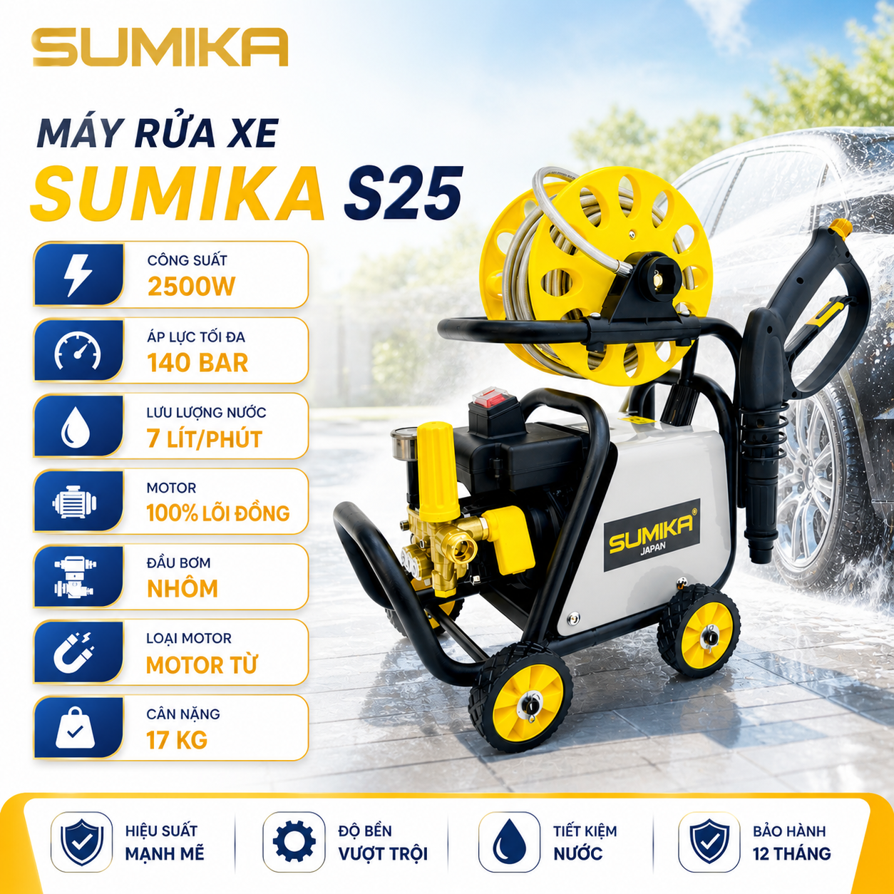 Máy rửa xe áp lực cao SUMIKA S25, công suất 2500W