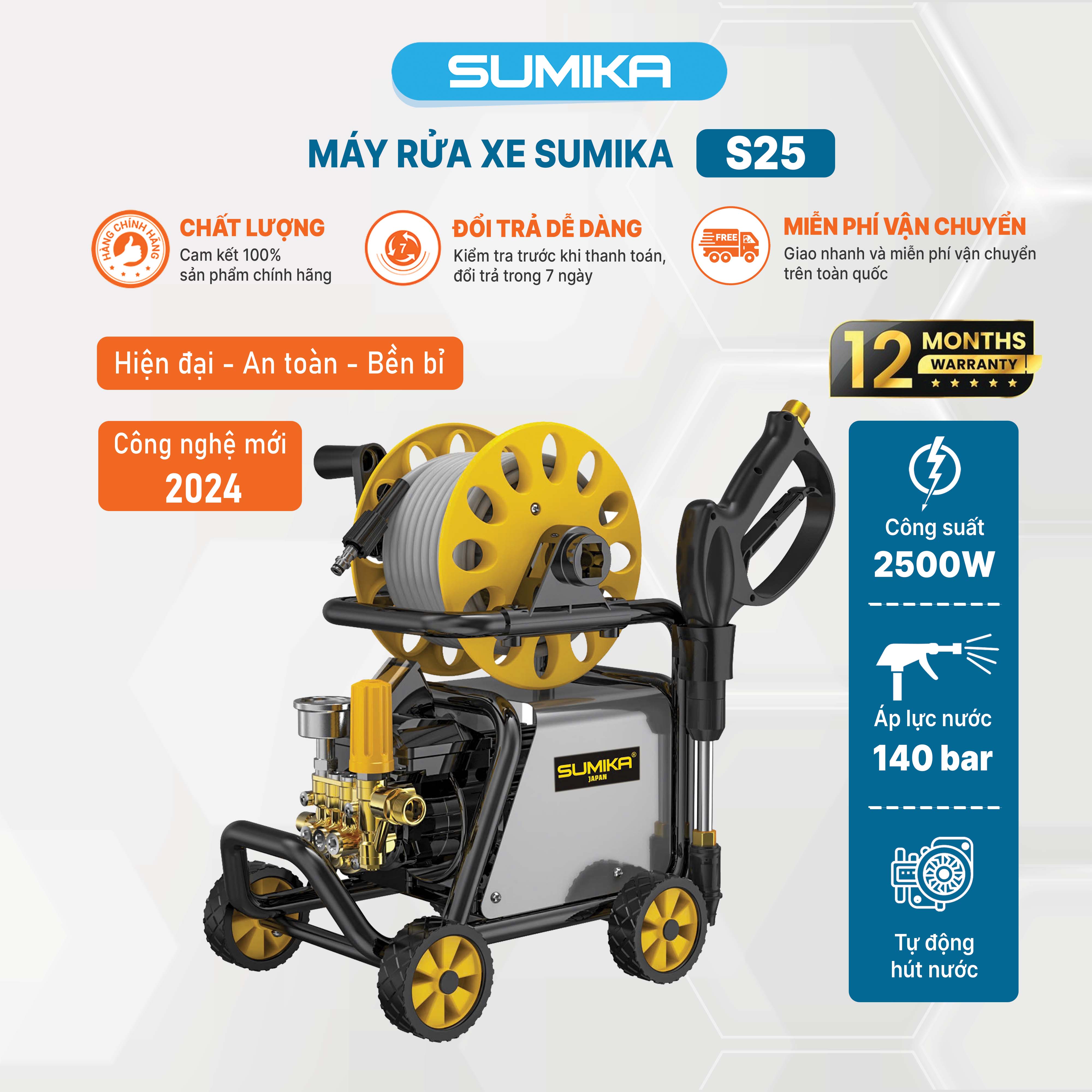 Máy rửa xe áp lực cao SUMIKA S25, công suất 2500W