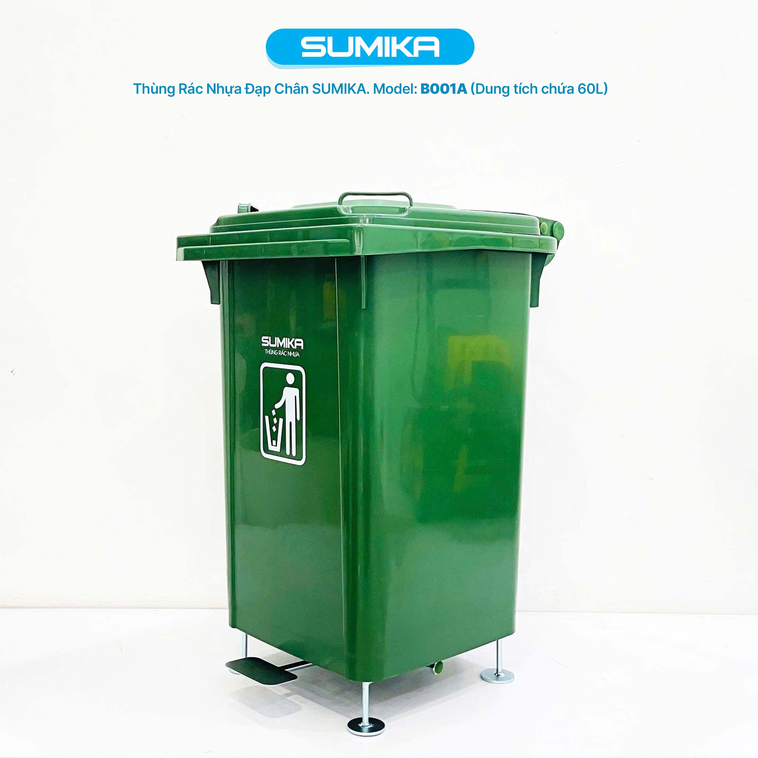 Thùng rác nhựa gia đình SUMIKA B001A, dung tích 60L (Green)