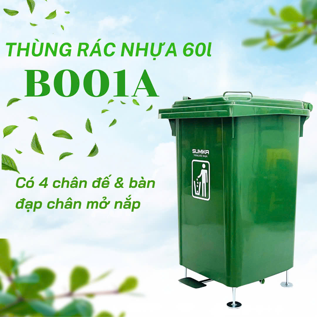 Thùng rác nhựa gia đình SUMIKA B001A, dung tích 60L (Green)