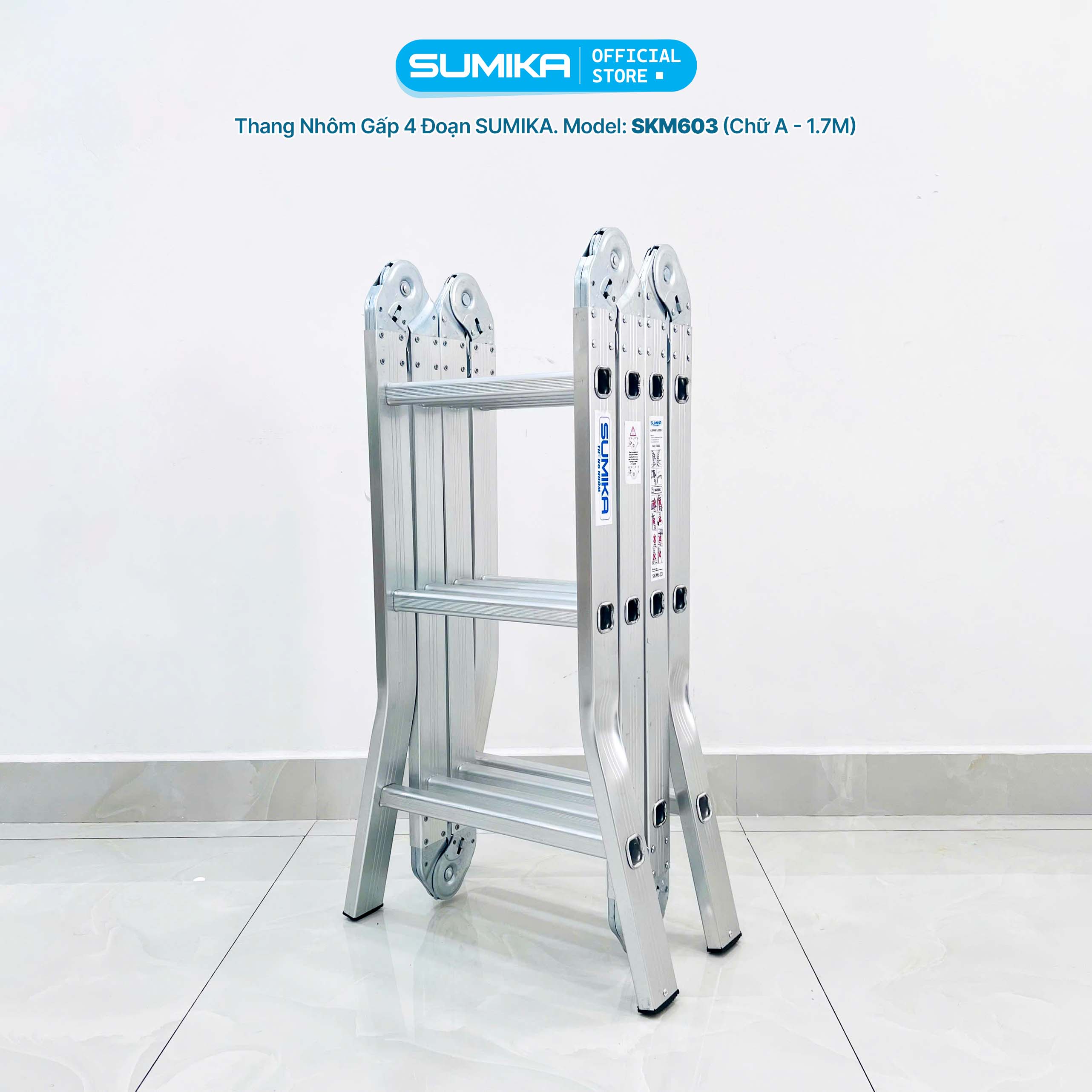 Thang nhôm gấp 4 đoạn SUMIKA SKM603, chữ A cao 1.7m, chữ I cao 3.4m