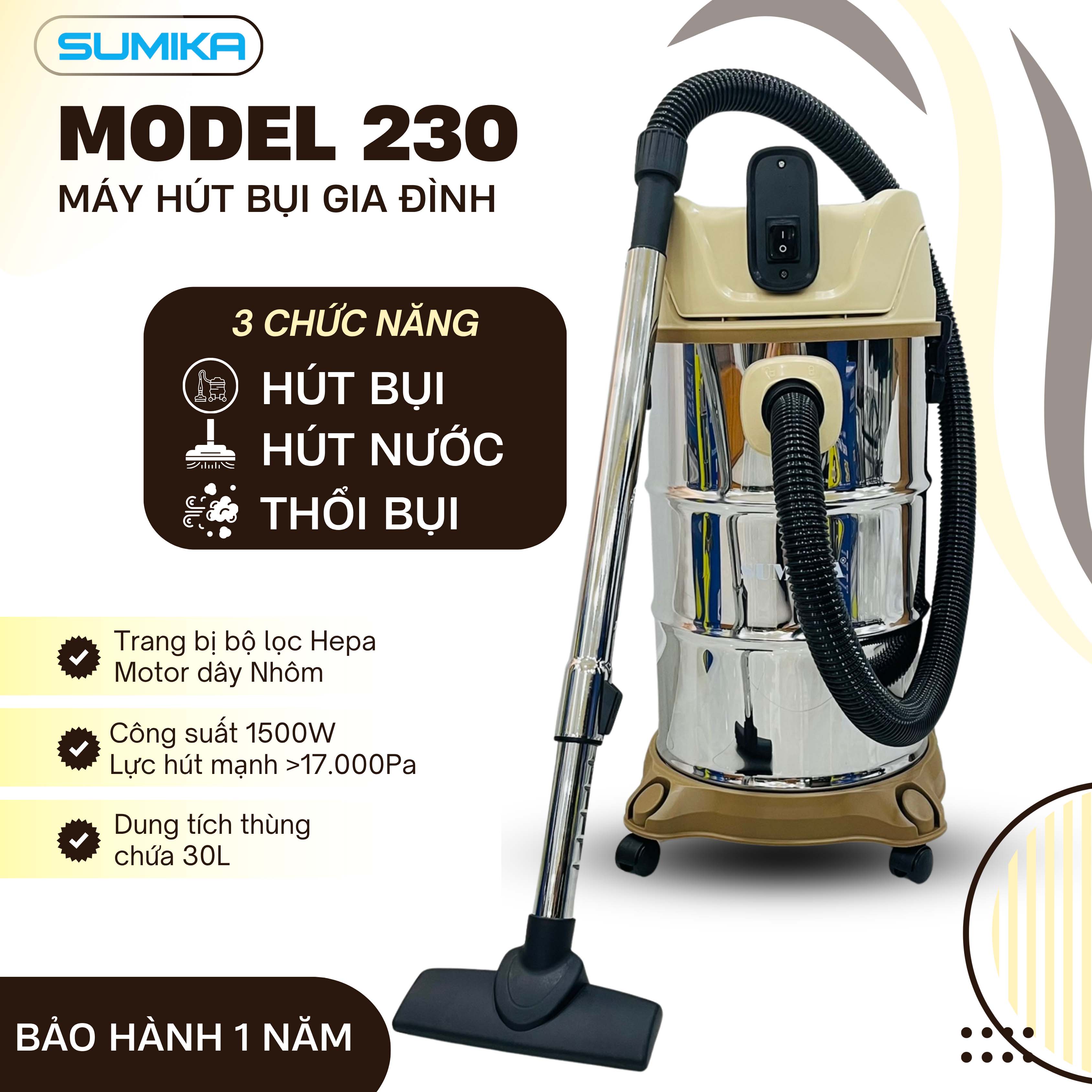Máy hút bụi gia đình SUMIKA 230, công suất 1500W, thùng chứa 30L