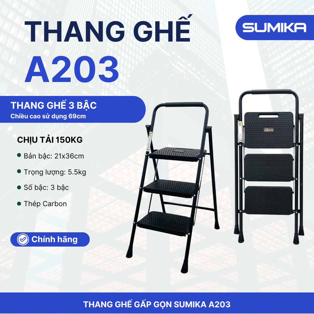 Thang ghế gia đình 3 bậc SUMIKA A203 (Màu Đen), chiều cao 69cm