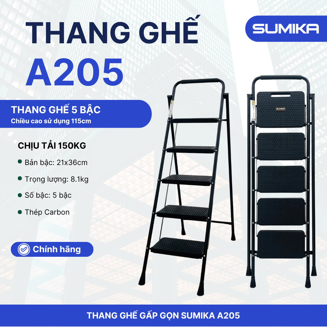 Thang ghế gia đình 5 bậc SUMIKA A205 (Màu Đen), chiều cao 115cm