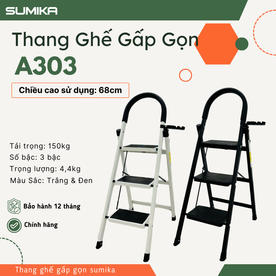 Thang ghế gia đình 3 bậc SUMIKA A303, chiều cao 68cm