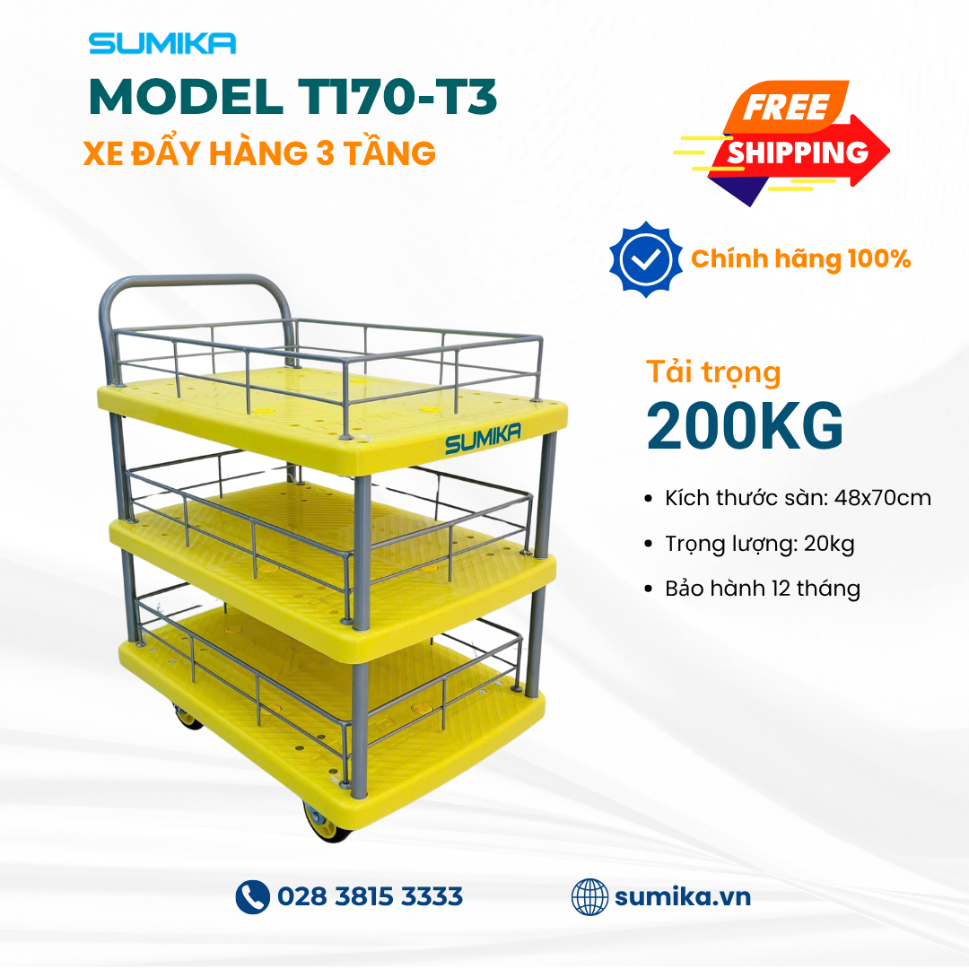 Xe đẩy hàng sàn nhựa SUMIKA T170-T3, có 3 tầng