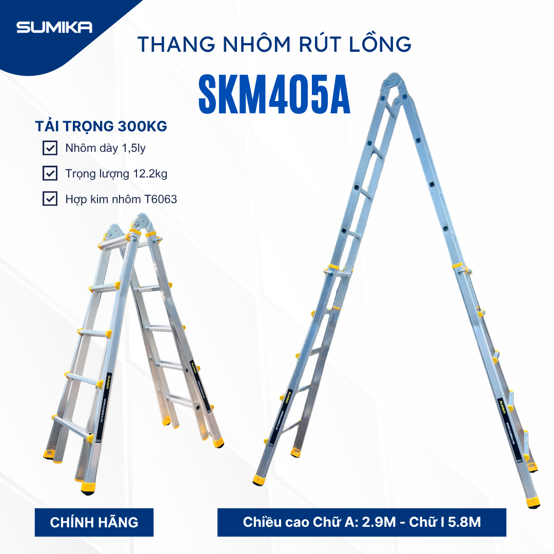Thang nhôm rút lồng SUMIKA SKM405A, chữ A cao nhất 2.9m