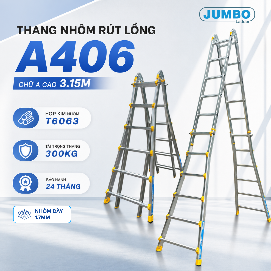Thang nhôm rút lồng JUMBO A406, chữ A cao nhất 3.15m