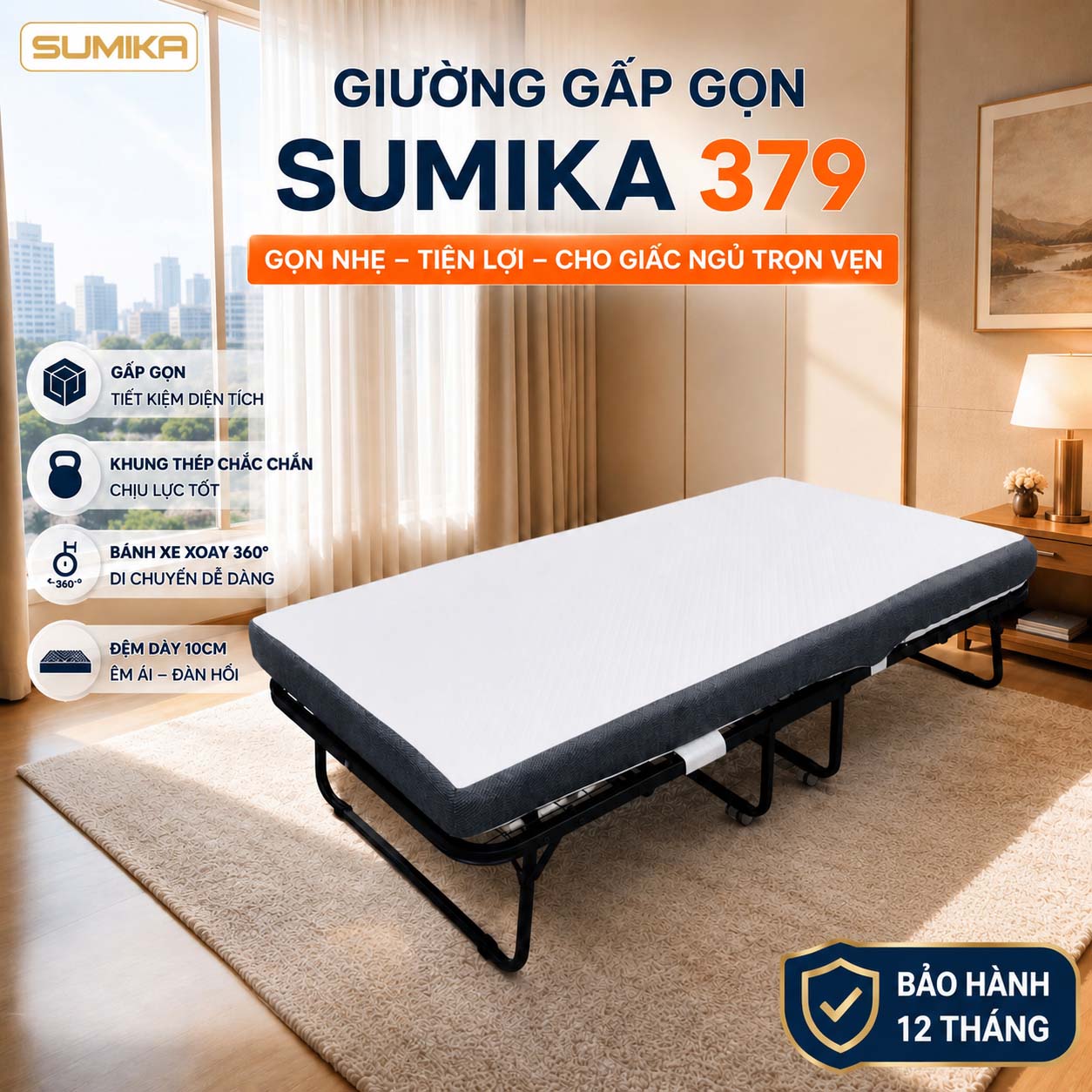 Giường xếp gấp gọn có nệm SUMIKA 379, rộng 80cm