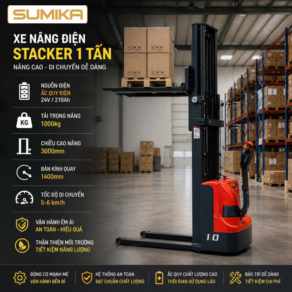 Xe nâng tay điện cao SUMIKA CL1030JE, tải trọng nâng 1 tấn