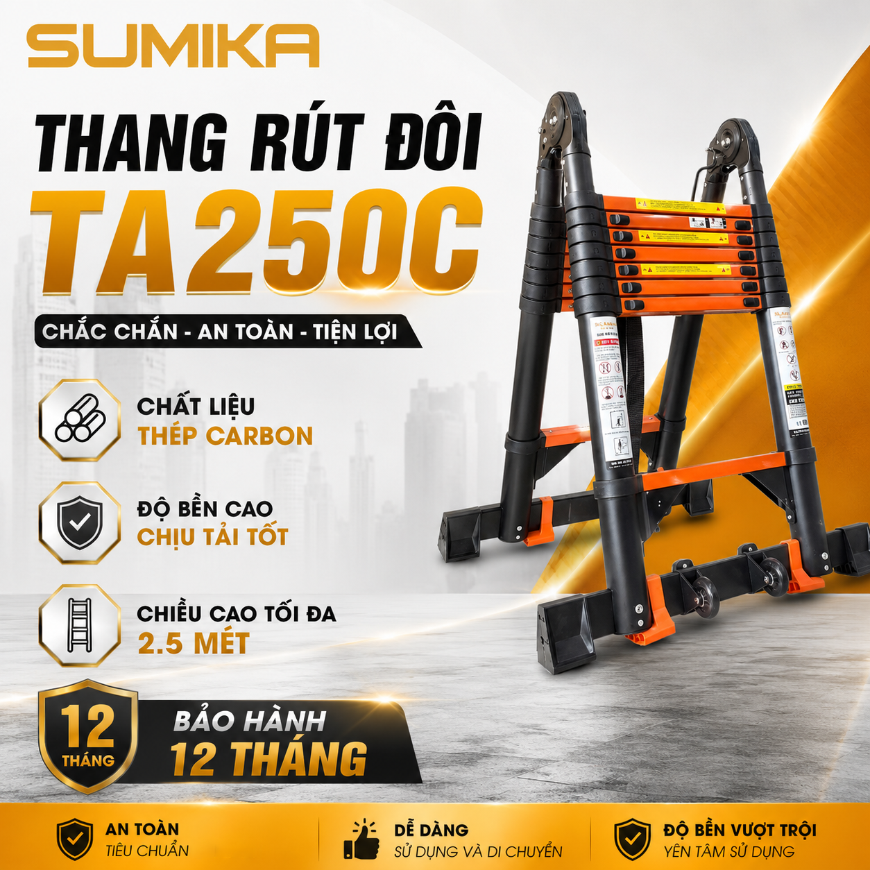 Thang rút đôi thép Carbon SUMIKA TA250C, chữ A cao 2M5