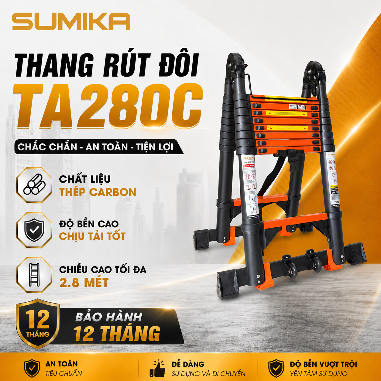 Thang rút đôi thép Carbon SUMIKA TA280C, chữ A cao 2M8