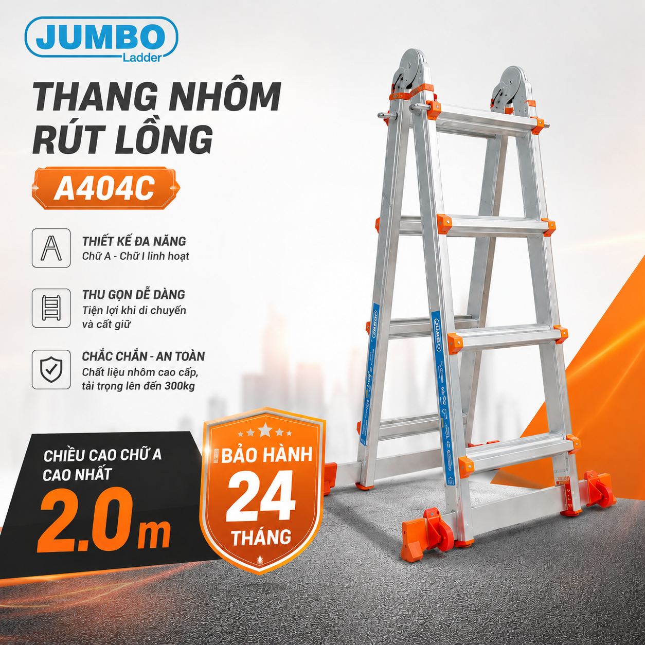 Thang nhôm rút lồng JUMBO A404C, chữ A cao nhất 2M