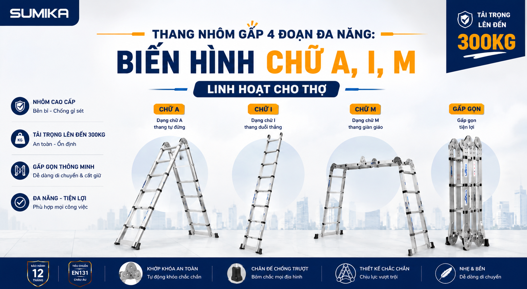 Thang nhôm gấp 4 đoạn đa năng: Biến hình chữ A, I, M linh hoạt cho thợ thang-nhom-gap-4-doan-da-nang